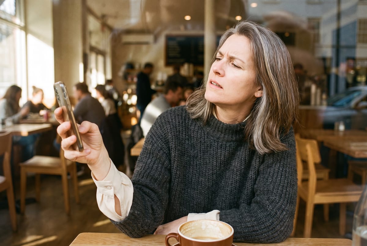 A woman holding her phone at arm's length to read it