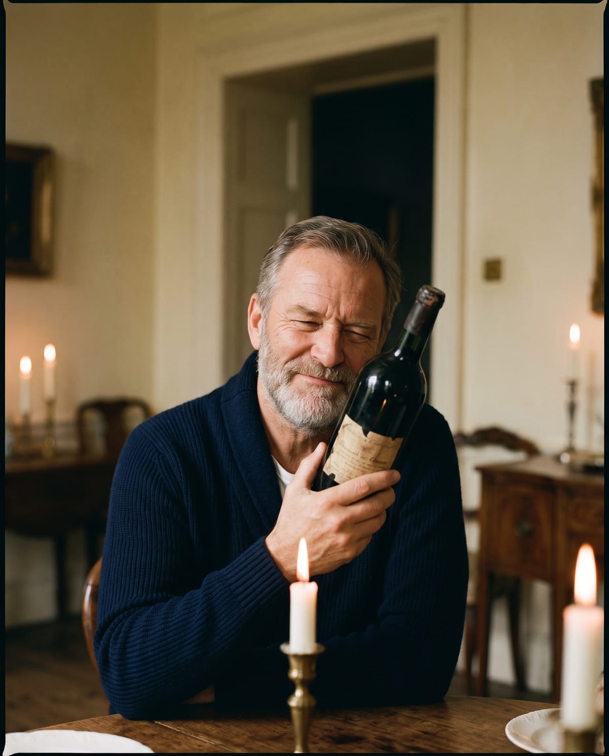 A man squinting to read a wine label by candlelight